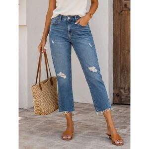 Levi’s Signature Boyfriend Jeans Sz 5 W27 Distressed Raw Hem Crop Stretch Blue